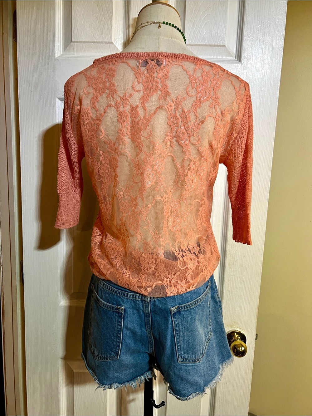 EverMouR Wms Coral Pink Open Knit Floral Lace Back Half Sleeve Cardigan S/M
